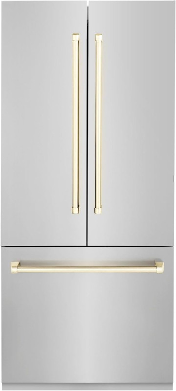 ZLINE RBIVZ-304-36-G ZLINE Autograph Edition 36 Inches 19.6 Cu. Foot French Door Built-In Bottom Freezer Refrigerator with Water Dispenser and Ice Maker in Stainless Steel with Polished Gold Accents